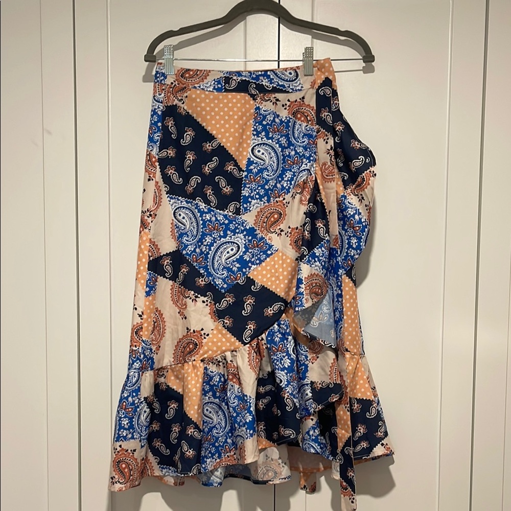 Orange and Blue Asymmetrical Wrap Midi Skirt